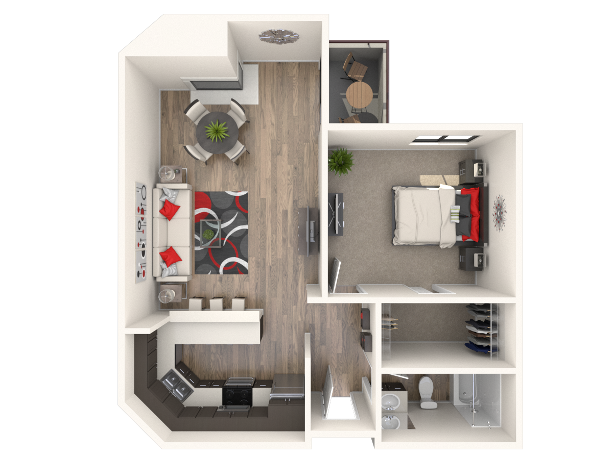 Floor plan for 1 bed, 1 bath, 693 sqft